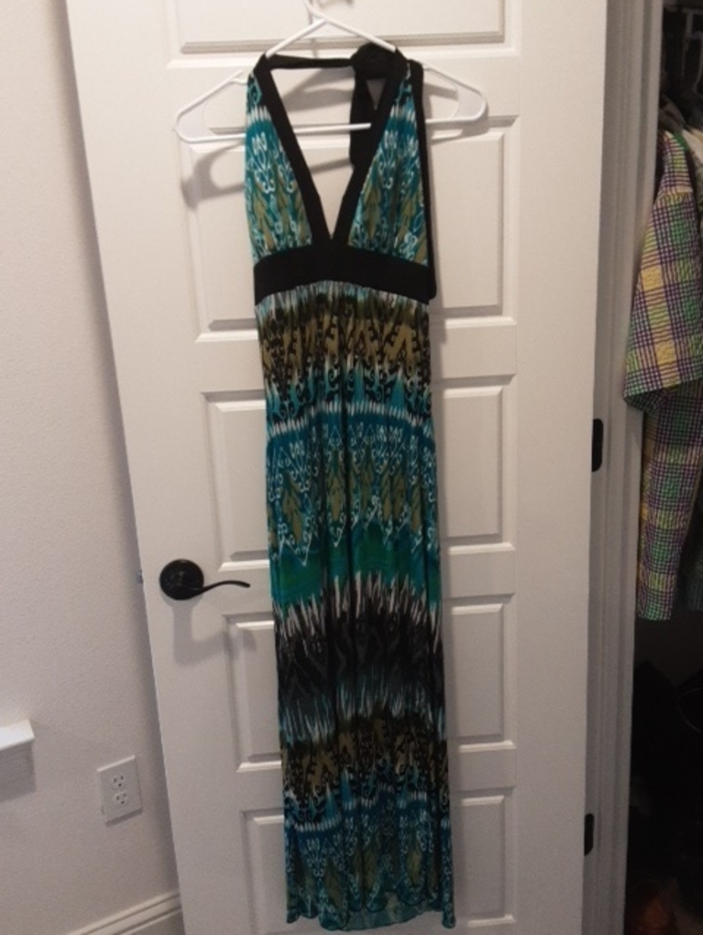 Enfocus Studio Teal, Black and Olive Halter Maxi Dress